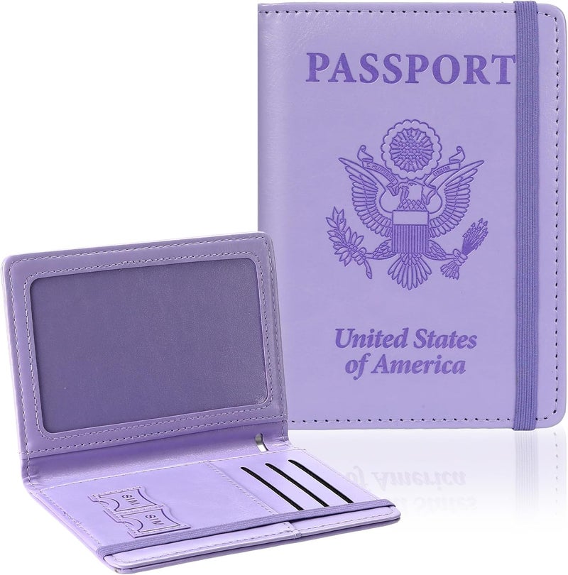 RHOttbiy Passport Holder for Travel, RFID Blocking Passport Cover with Pen Holder Leather Passport Wallet Case Travel Must Haves Accessories Passport Book Card Holder for Family Travel Essentials Gifts, Purple - Image 1